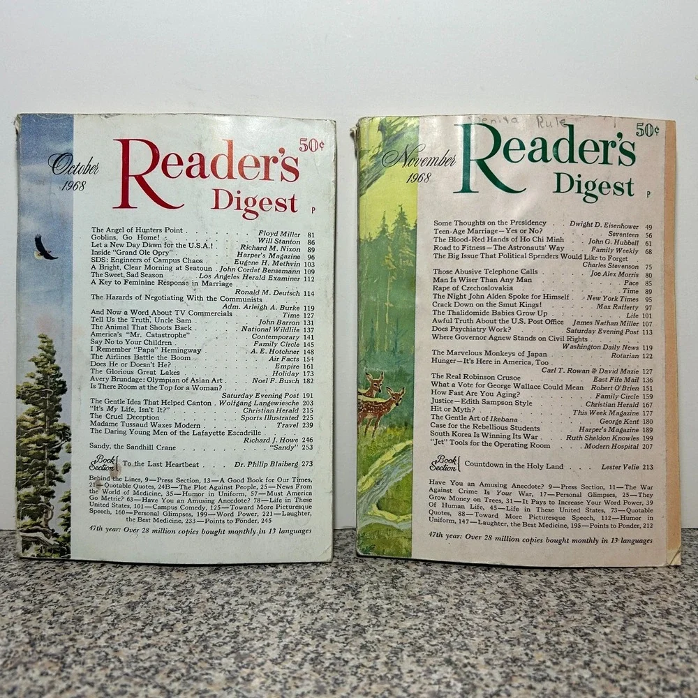 1968 October November READER'S DIGEST MAGAZINE Vintage History Short Stories Ads